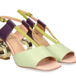 Green heel with green & purple strap and gold heel pair