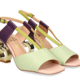 Green heel with green & purple strap and gold heel pair