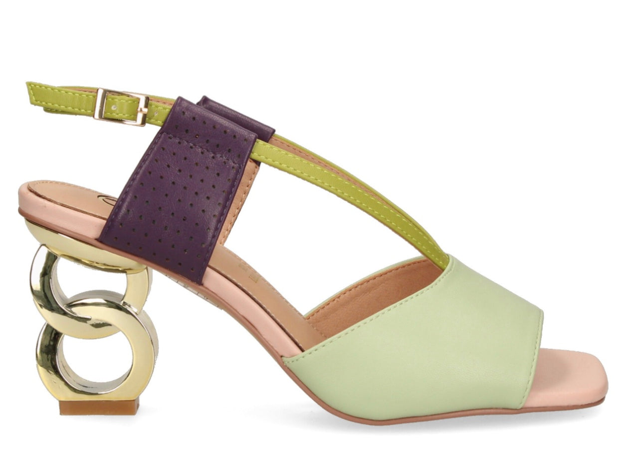 Green heel with green & purple strap and gold heel close-up
