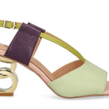 Green heel with green & purple strap and gold heel close-up