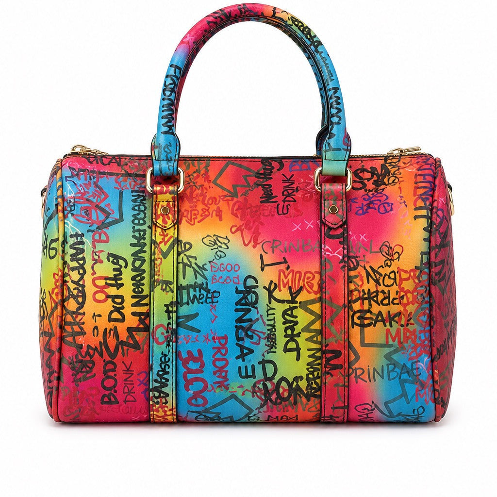 Multicolored handbag with graffiti-style text back