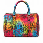 Multicolored handbag with graffiti-style text back