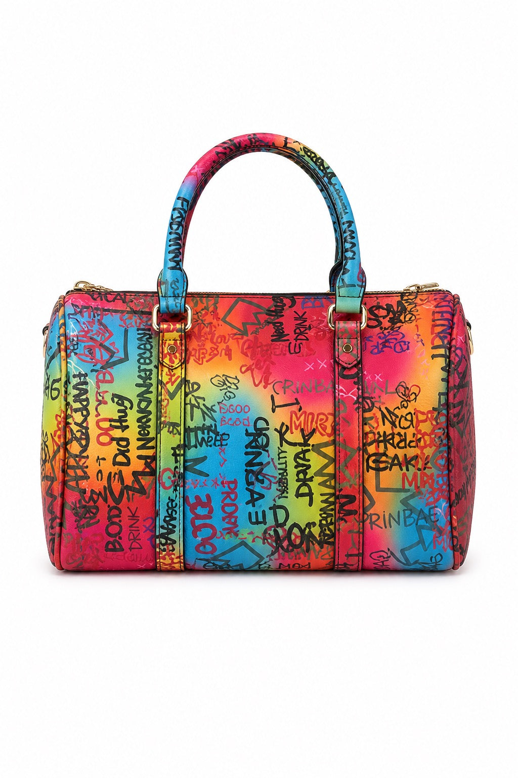 Multicolored handbag with graffiti-style text back