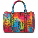 Multicolored handbag with graffiti-style text back