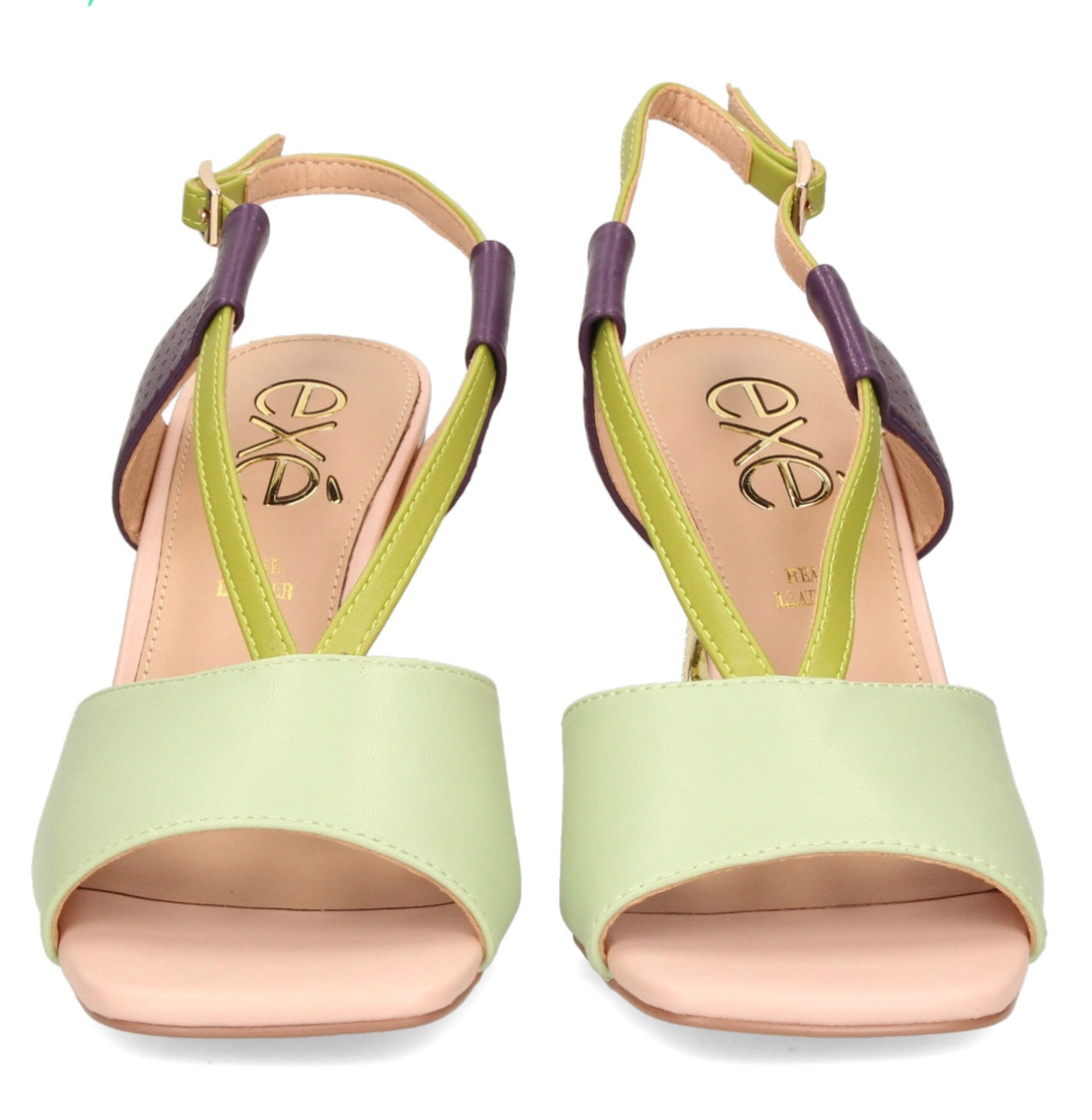 Green heel with green & purple strap and gold heel front view