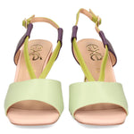 Green heel with green & purple strap and gold heel front view