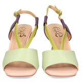 Green heel with green & purple strap and gold heel front view
