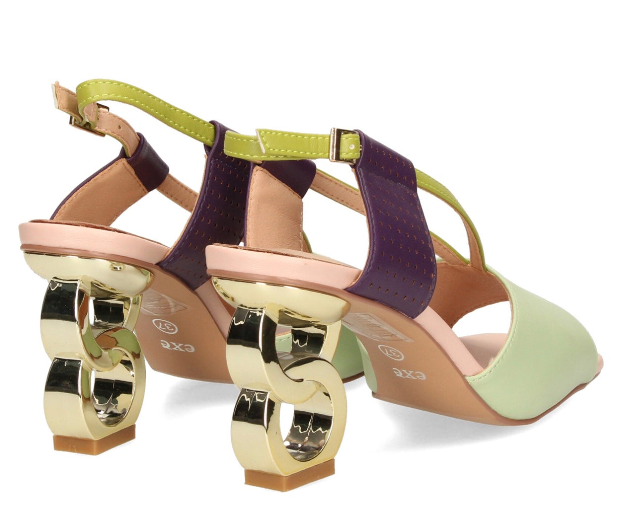 Green heel with green & purple strap and gold heel heel view