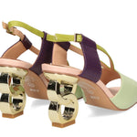 Green heel with green & purple strap and gold heel heel view