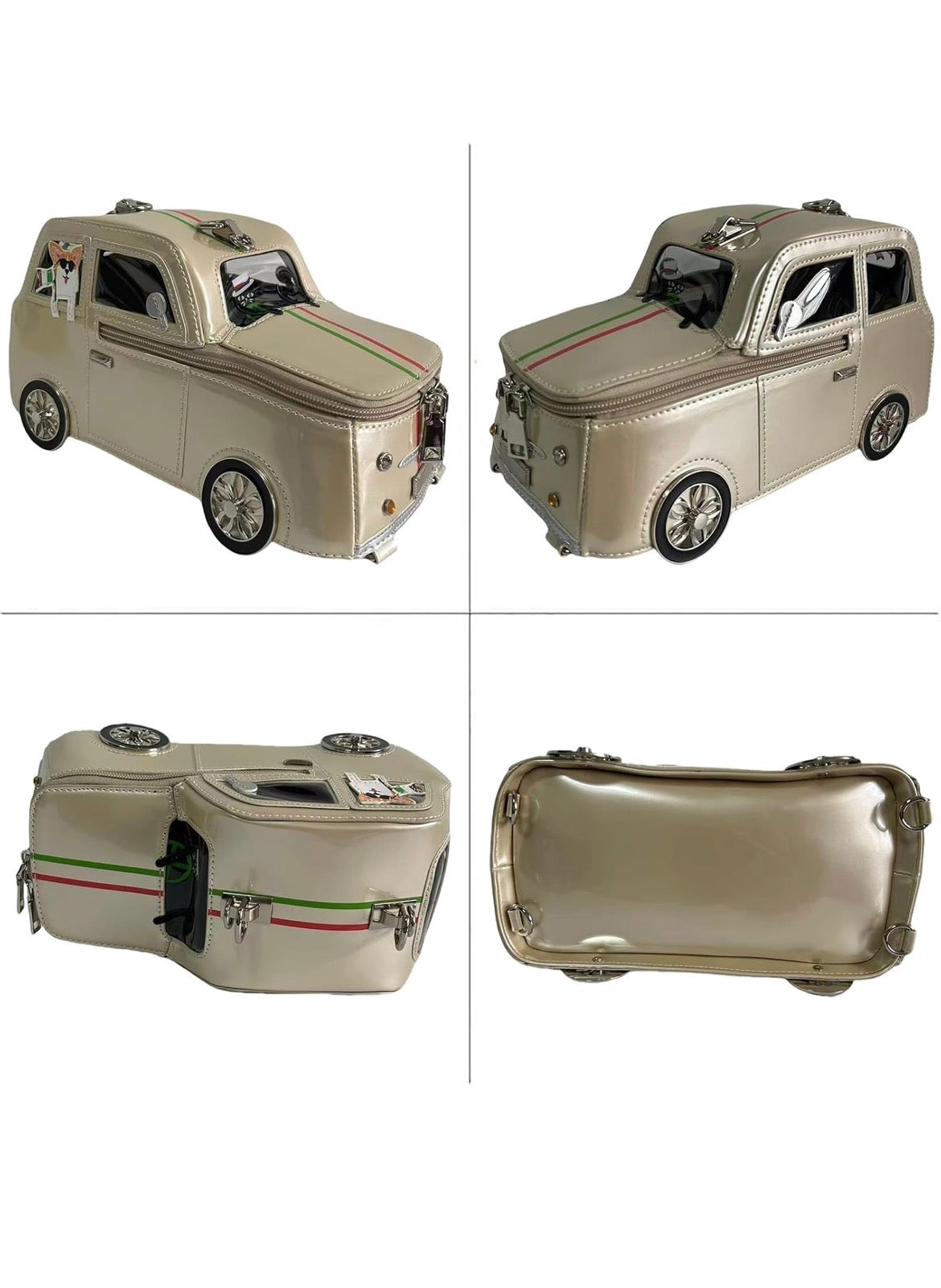 Beige car-shaped handbag with a dog charm multi view