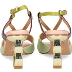 Green heel with green & purple strap and gold heel rear