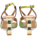 Green heel with green & purple strap and gold heel rear