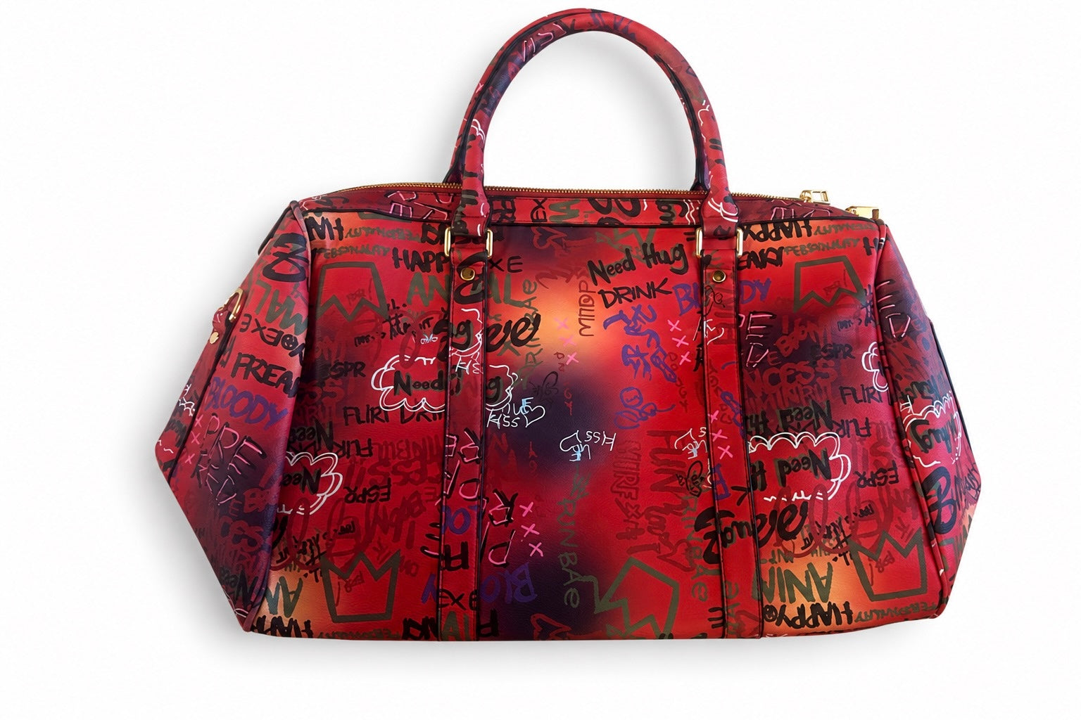 Red graffiti-patterned handbag with green and black accents back