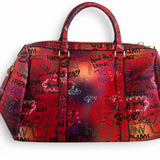 Red graffiti-patterned handbag with green and black accents back