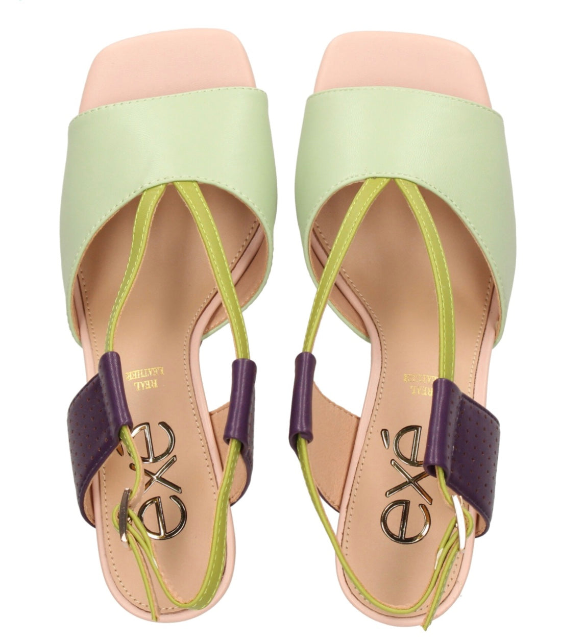 Green heel with green & purple strap and gold heel overhead