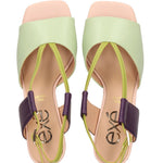 Green heel with green & purple strap and gold heel overhead