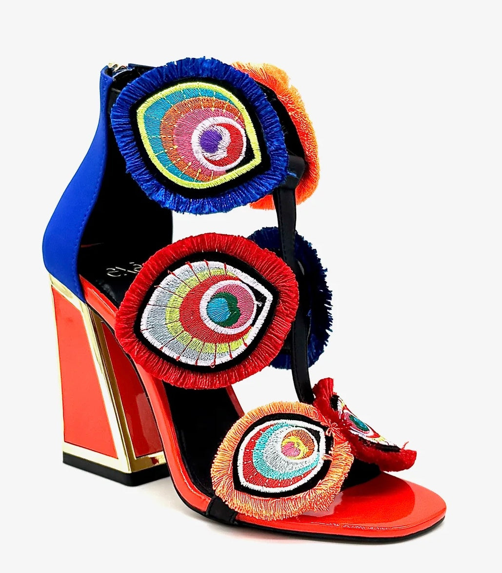 Colorful large heel with three peacock feather elements and zipper closure side view