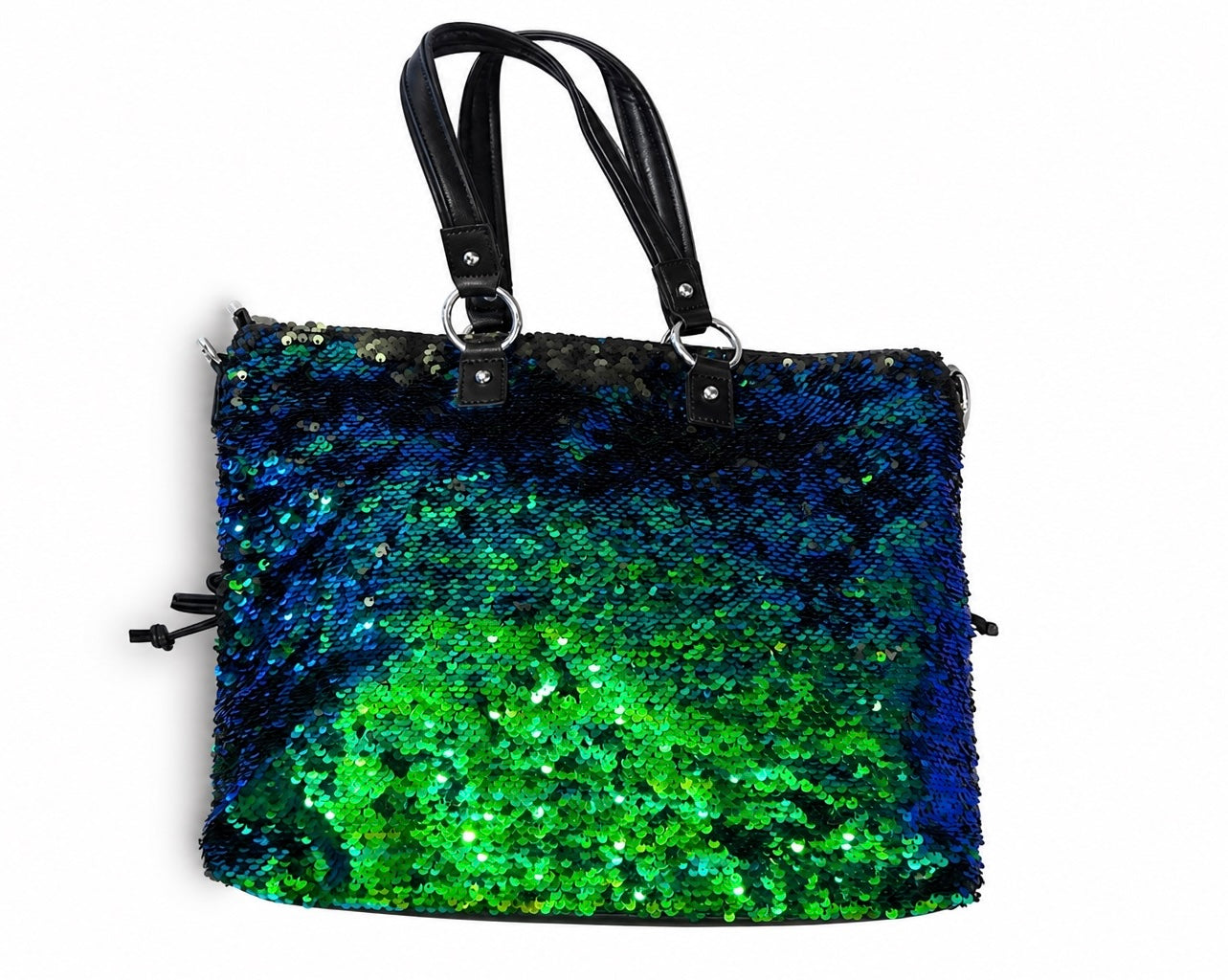 Blue and green sequin handbag with black accents back