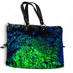 Blue and green sequin handbag with black accents back
