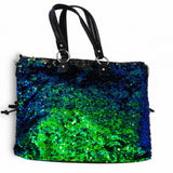 Blue and green sequin handbag with black accents back
