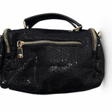 Black handbag with gold accents and decorative elements back