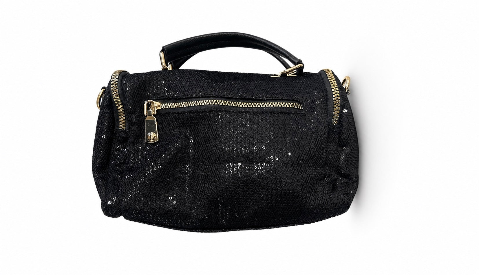 Black handbag with gold accents and decorative elements back