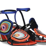 Colorful heel with peacock feather elements and blue strap buckle closure pair