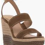 Brown wedge sandal with espadrille sole and buckle closure side view
