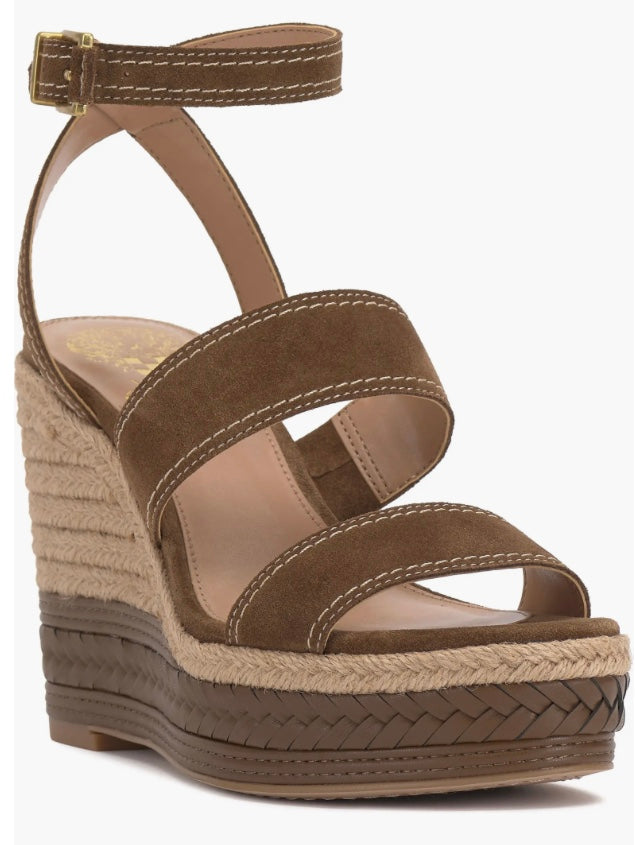 Brown wedge sandal with espadrille sole and buckle closure side view