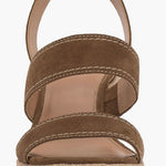 Brown wedge sandal with espadrille sole and buckle closure front view