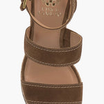 Brown wedge sandal with espadrille sole and buckle closure overhead