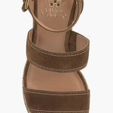 Brown wedge sandal with espadrille sole and buckle closure overhead