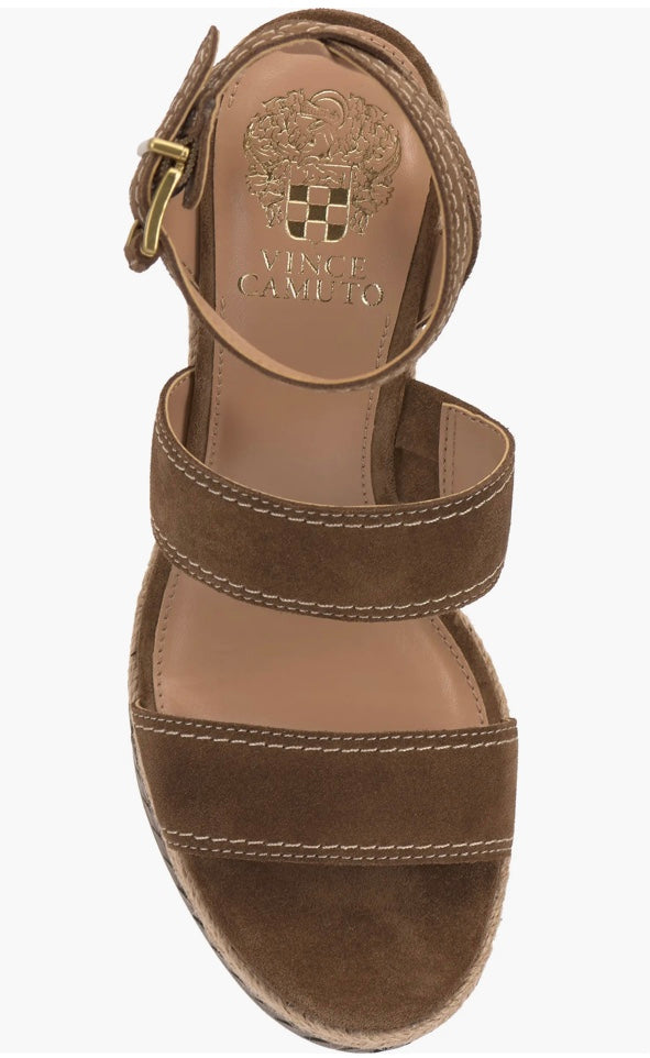 Brown wedge sandal with espadrille sole and buckle closure overhead