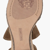 Brown wedge sandal with espadrille sole and buckle closure bottom view