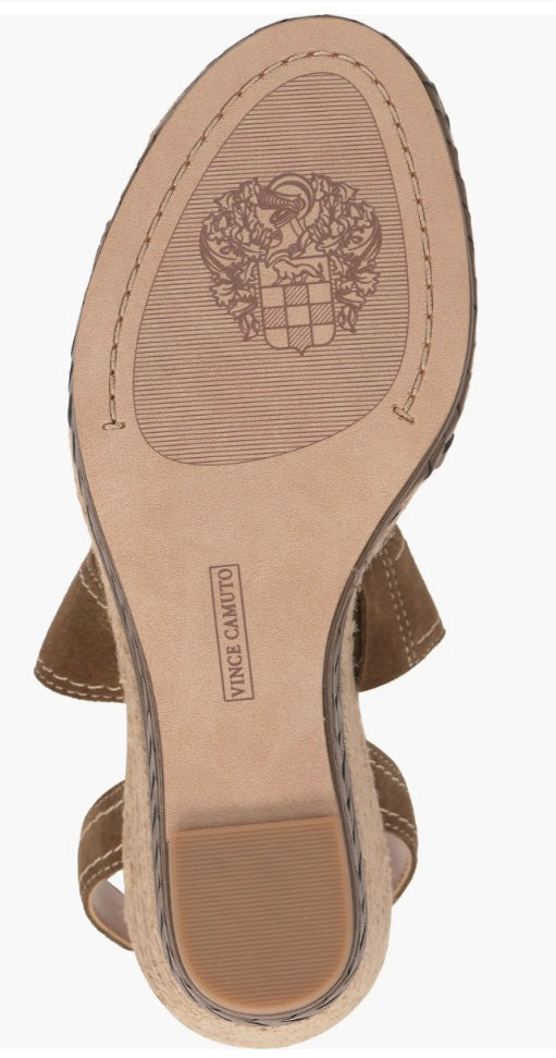 Brown wedge sandal with espadrille sole and buckle closure bottom view