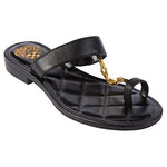 Black sandal with a gold chain with small heel side profile