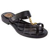 Black sandal with a gold chain with small heel side profile