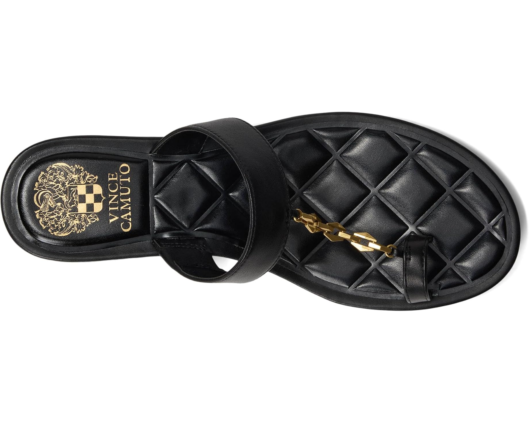 Black sandal with a gold chain with small heel overhead