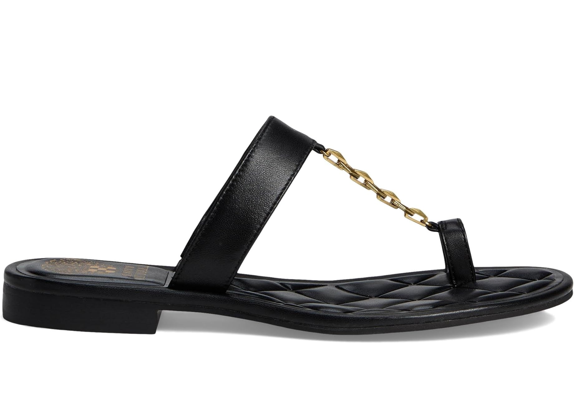 Black sandal with a gold chain with small heel close-up