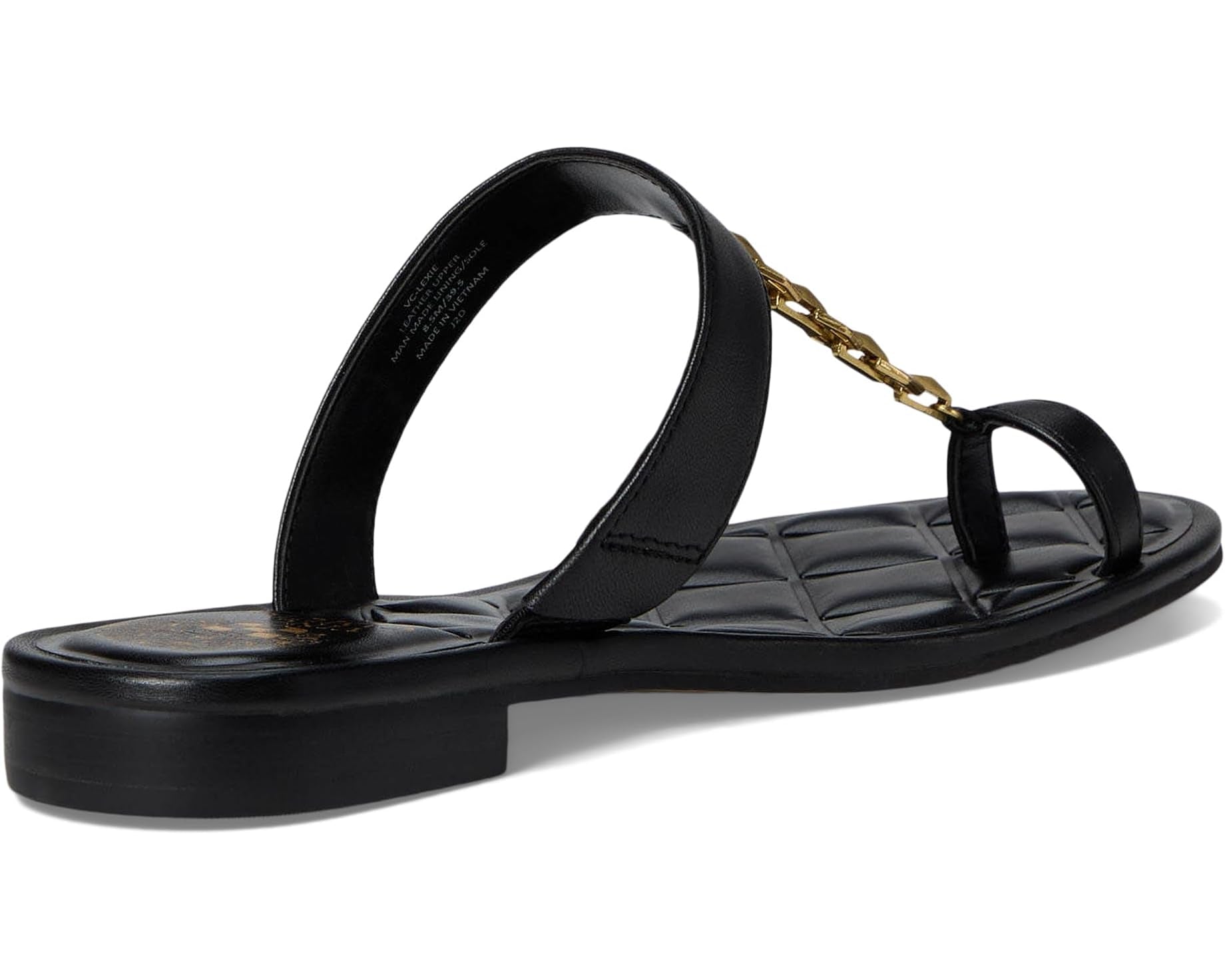Black sandal with a gold chain with small heel rear view