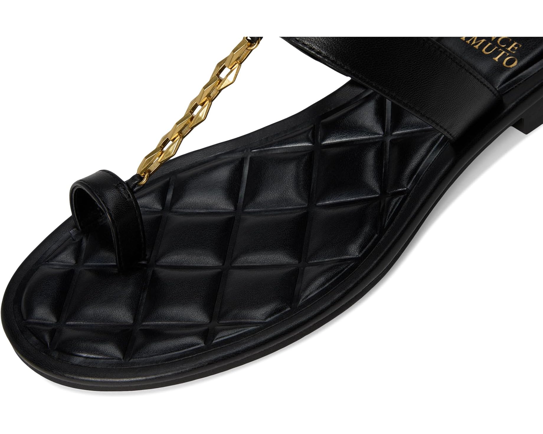 Black sandal with a gold chain with small heel toe box