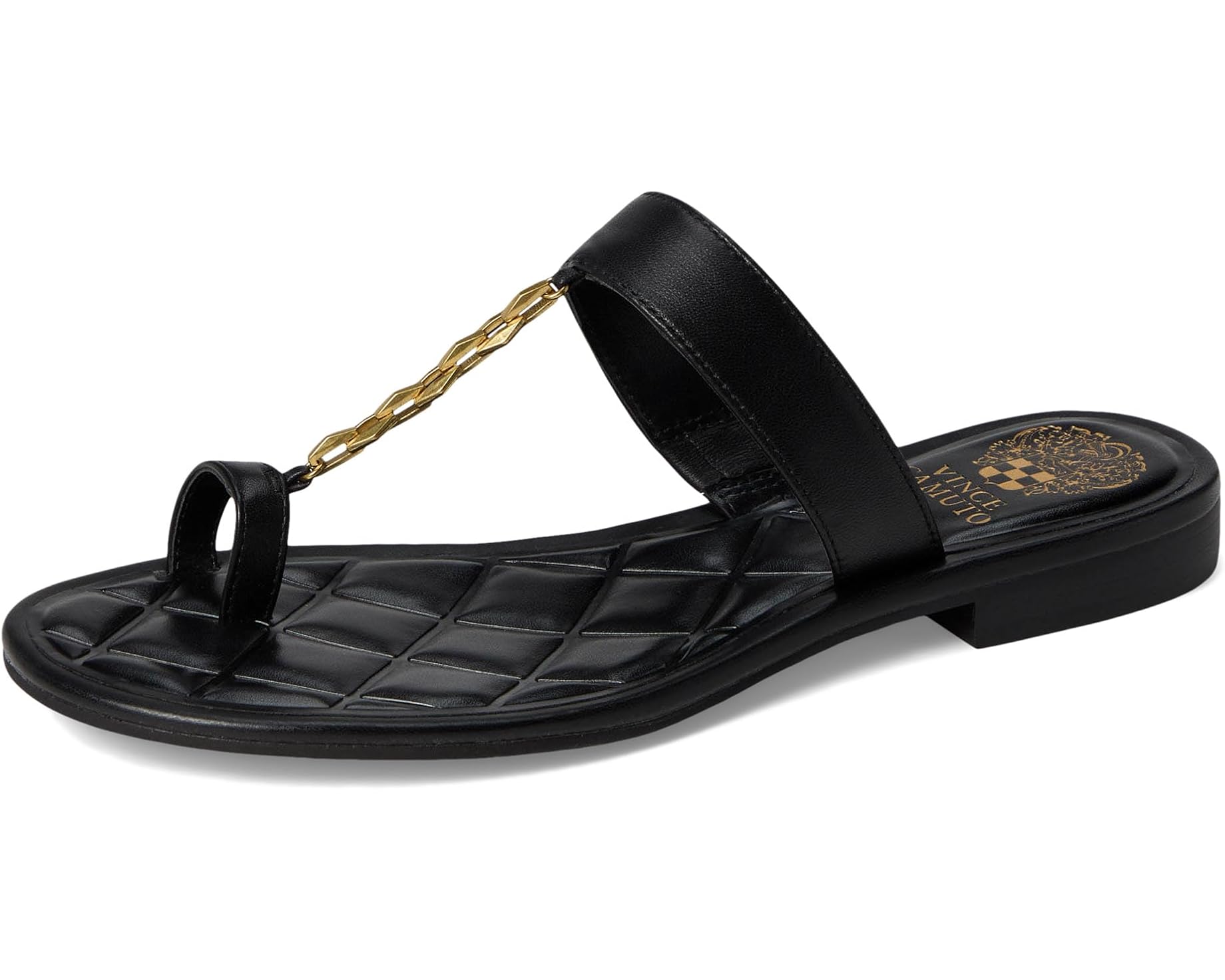 Black sandal with a gold chain with small heel side