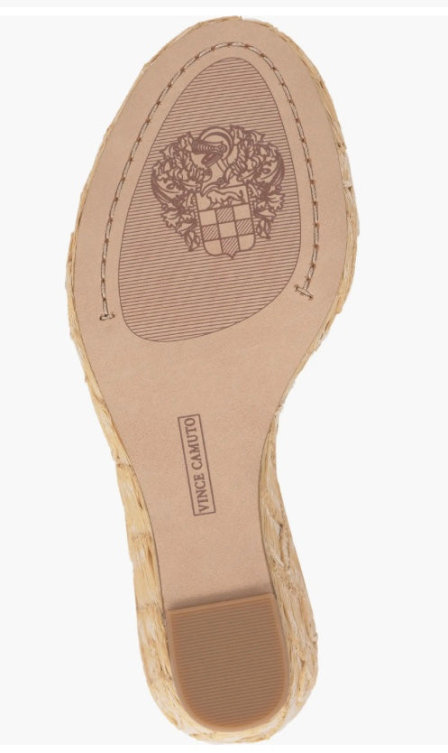 Beige wedge sandal with gold metallic straps and buckle closure bottom view