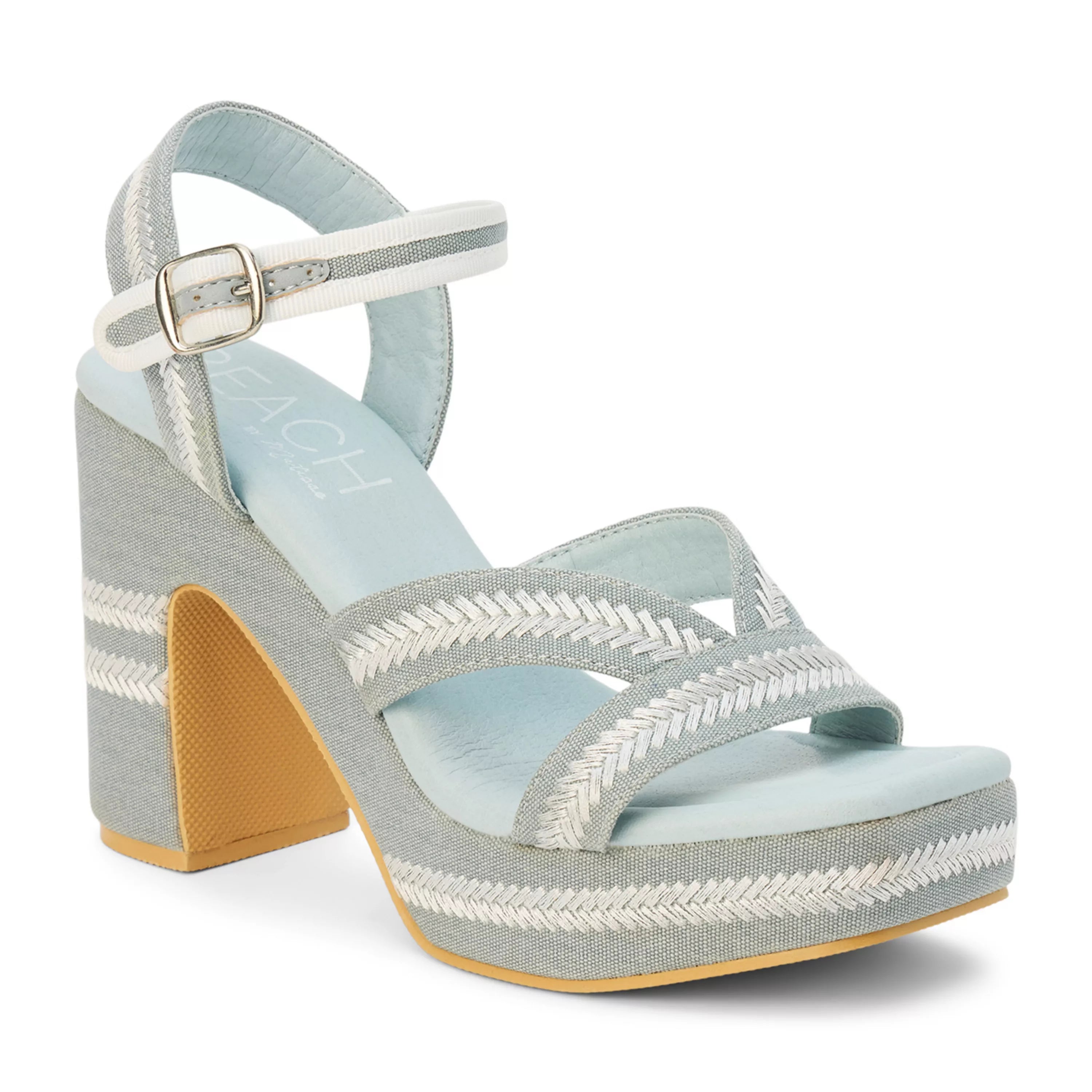 Blue heel with woven white straps front view