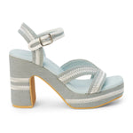 Blue heel with woven white straps close-up
