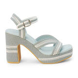 Blue heel with woven white straps close-up