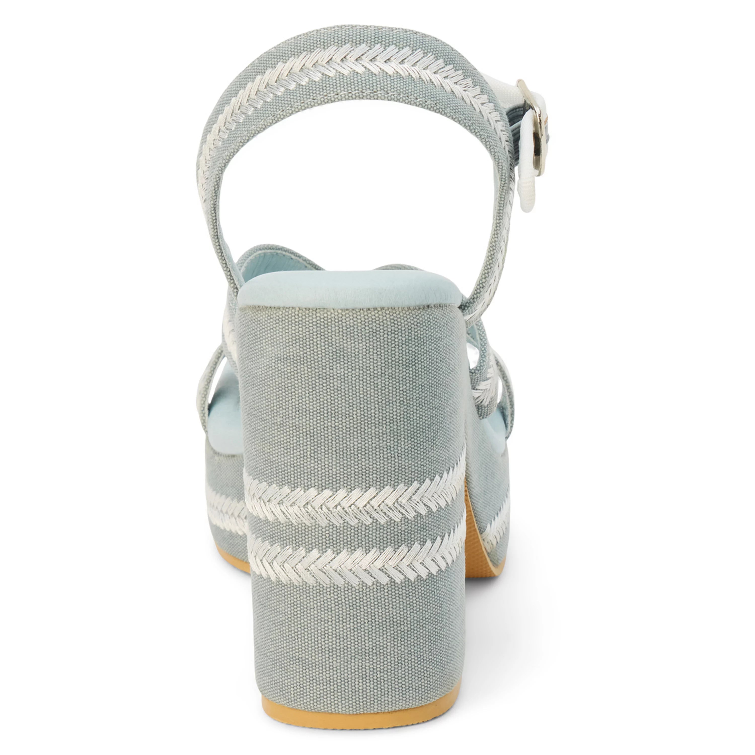 Blue heel with woven white straps heel view