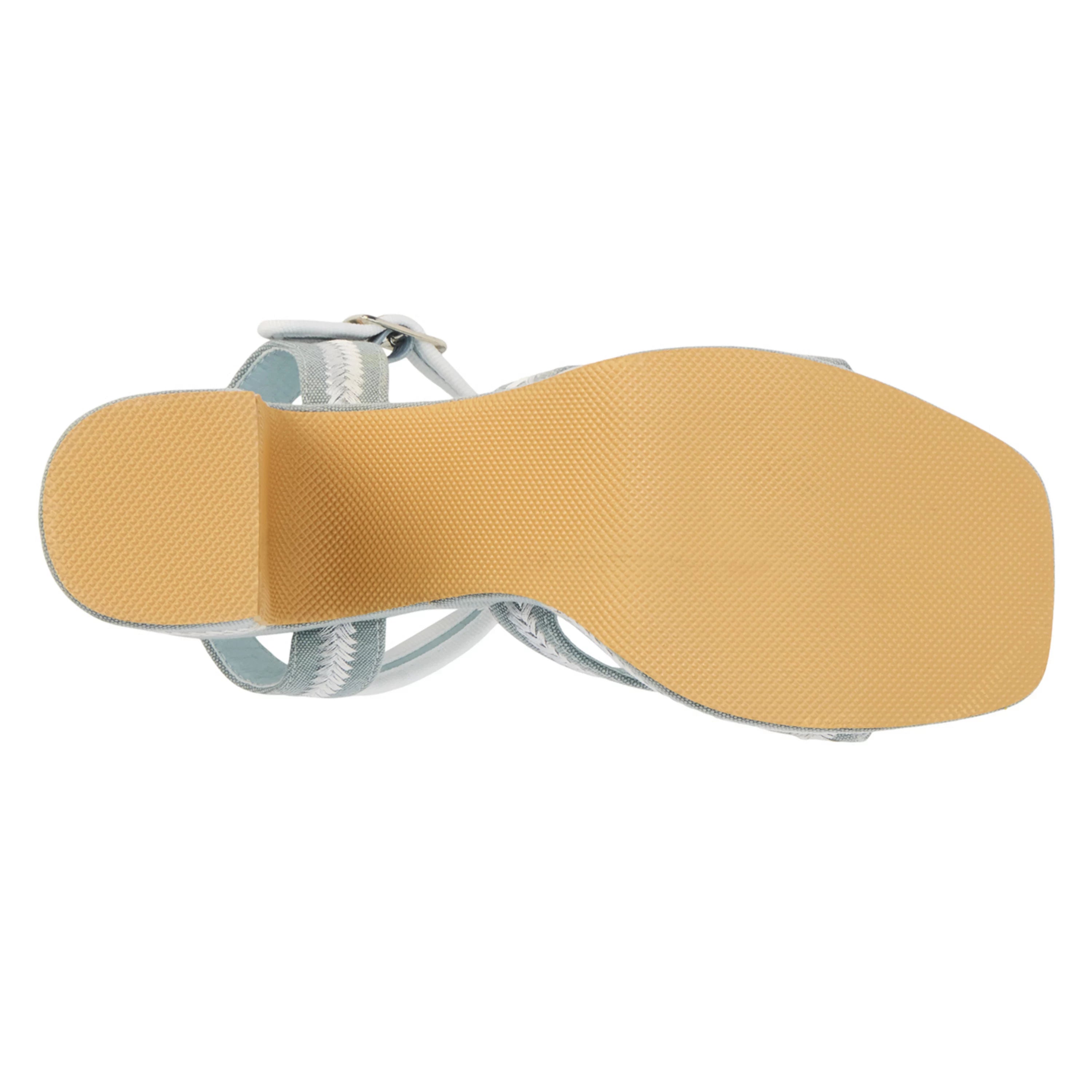 Blue heel with woven white straps sole