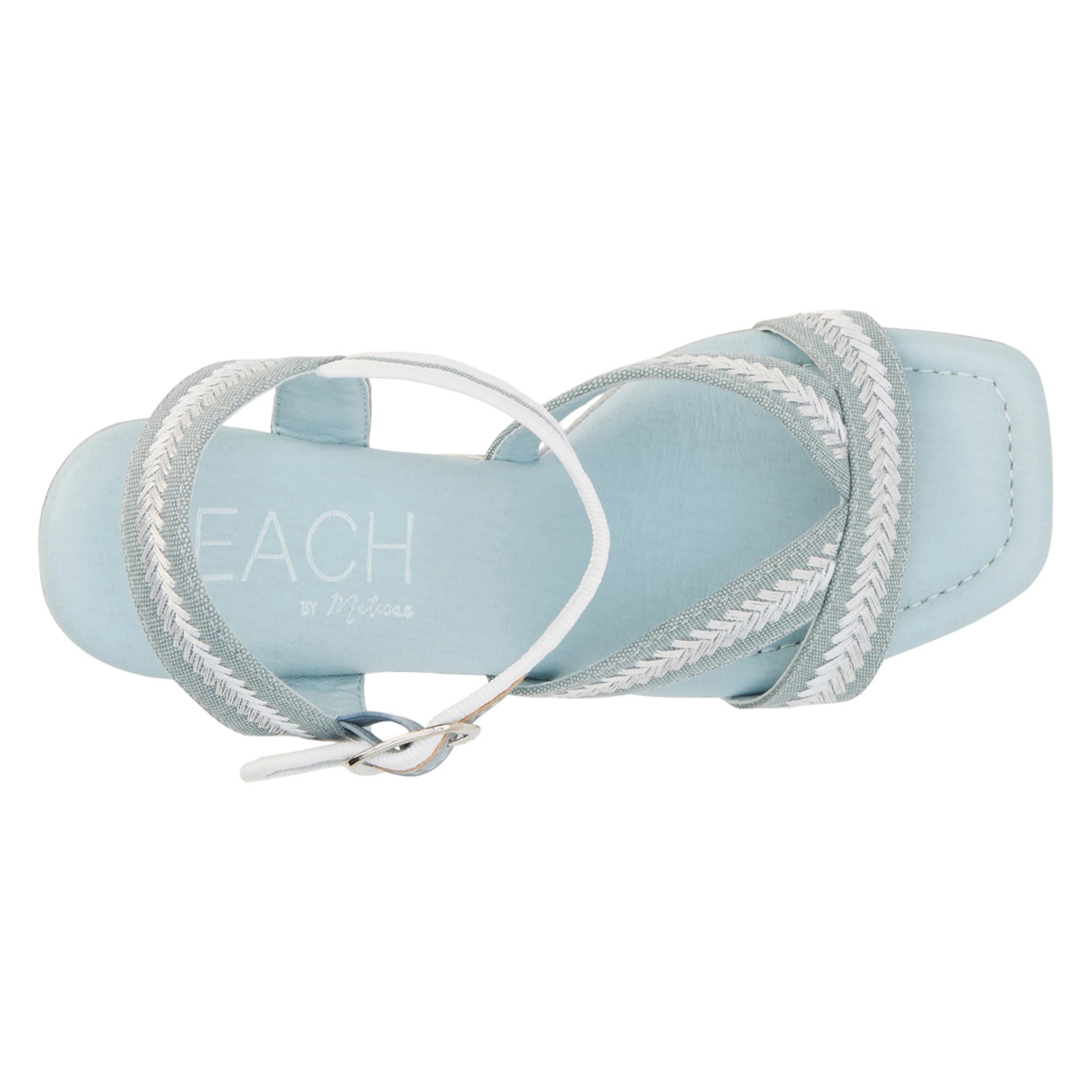 Blue heel with woven white straps top view