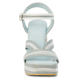 Blue heel with woven white straps toe box